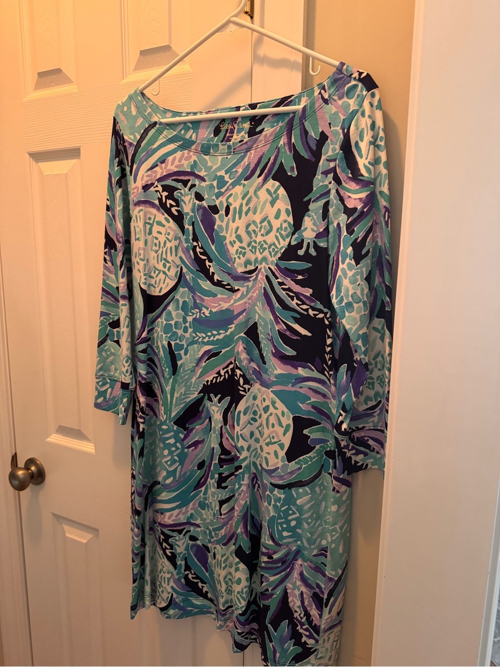 Lilly Pulitzer Teal, Navy & Purple Tropical-Print Long Sleeve Dress